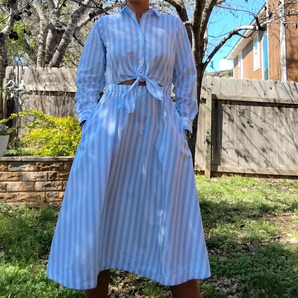 Ann Taylor LOFT Blue & White Striped Midi Shirt Dress – Tie Waist